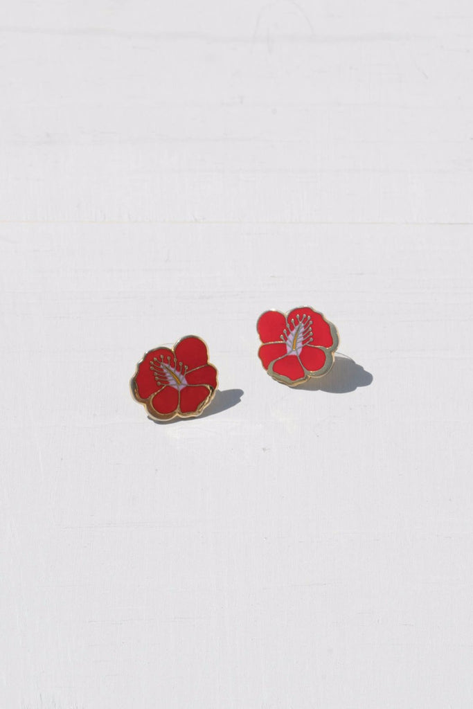 Vintage Red Hibiscus Flower Cloisonne Earrings by Laurel Burch