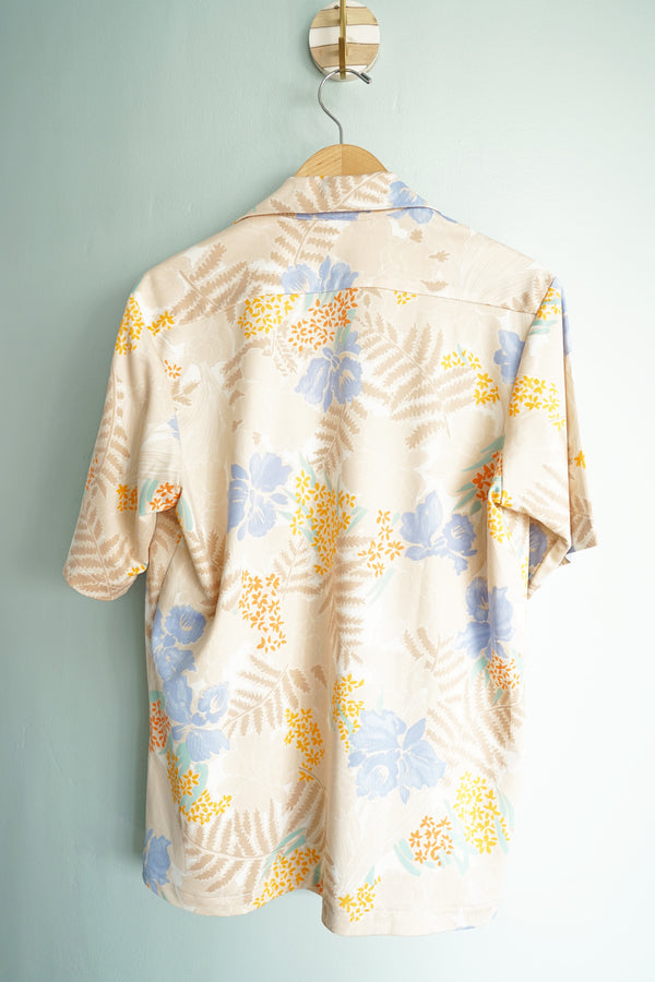 Handmade Vintage 1980s Soft and Stretchy Iris Flower Short Sleeve Collared Men's Shirt