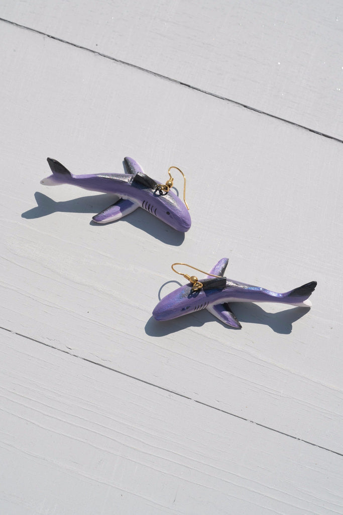 Vintage Large Handmade Purple Shark Dangle Earrings - Limited Edition