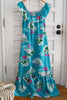 Vintage 1970s Hilo Hattie Hawaii Turquoise Plumeria Palm Tree Cloud Maxi Dress