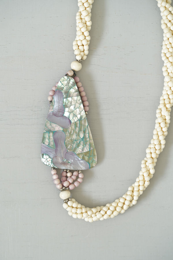Vintage Beaded Terrazzo Mother-of-Pearl Shell Inlay Necklace