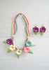 Playful Vintage Colorful Wooden Hibiscus Flower Necklace With Matching Earrings