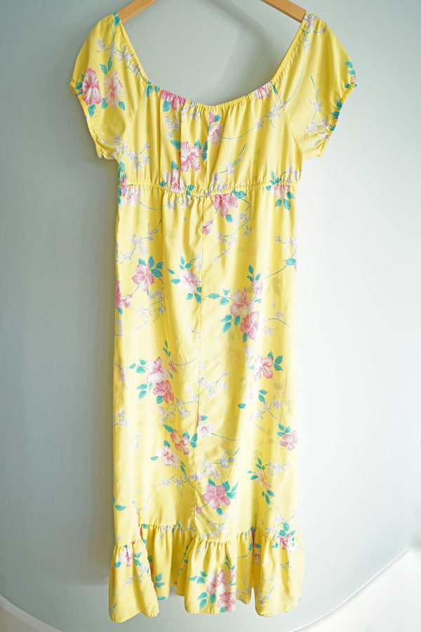 Vintage 1970s Yellow Off-the-Shoulder Hibiscus Keiki Togs Hawaii Maxi Dress