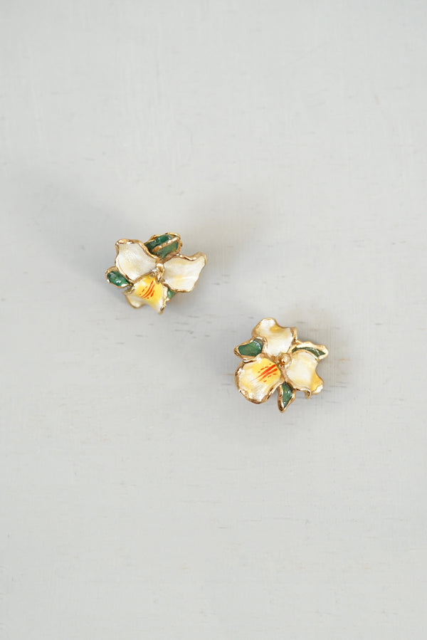 Vintage Enamel Yellow and Green Flower Clip-On Earrings