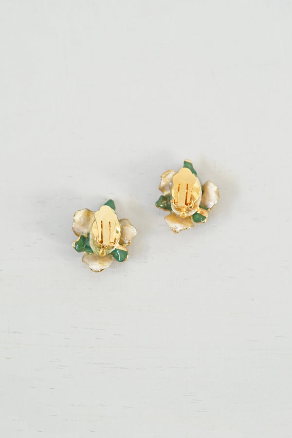 Vintage Enamel Yellow and Green Flower Clip-On Earrings