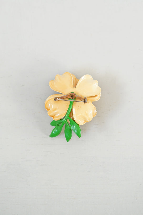 Vintage Yellow Polka Dot Metal Enamel Flower Pin / Brooch